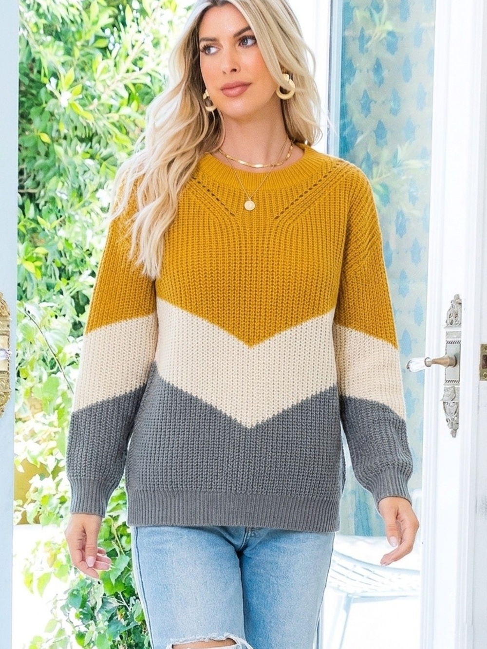 L Love Colorblock Chevron Sweater in Mustard, Cream & Gray